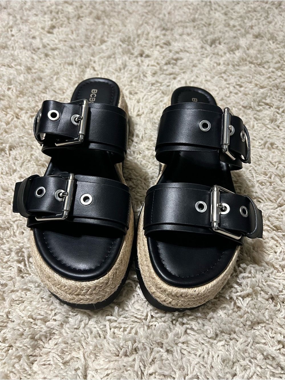 BCBGeneration Black Dual-Buckle Espadrille Platform Slides